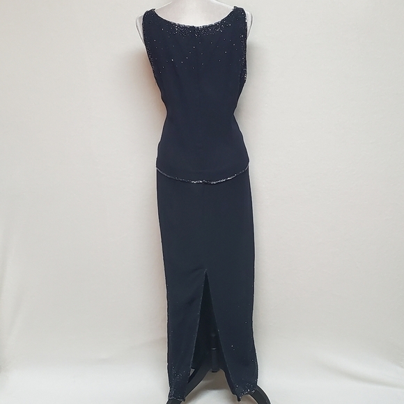 Vintage J Kara Navy Blue Chiffon Beaded Scalloped Maxi Dress Jacket Set 16 - Picture 15 of 16